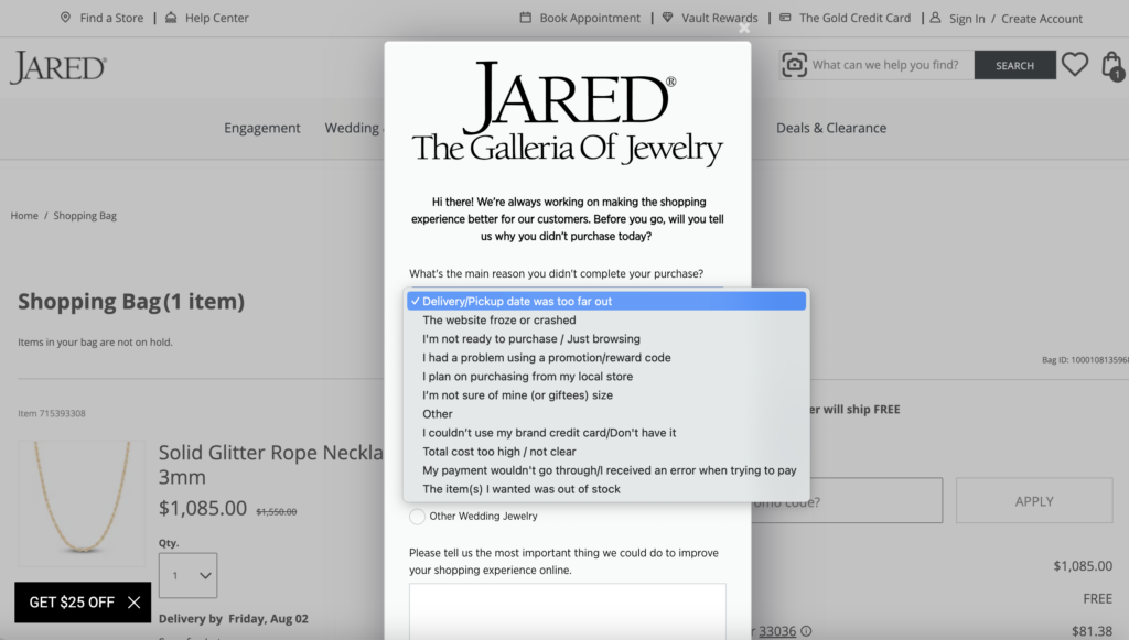 Example of Medallia customer survey data when exiting checkout